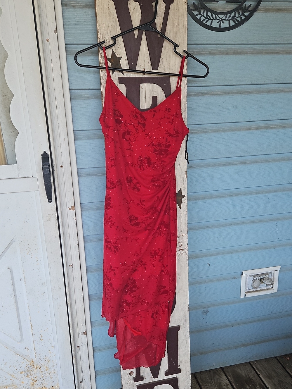 Red Floral Asymmetrical Slip Dress with Spaghetti Straps